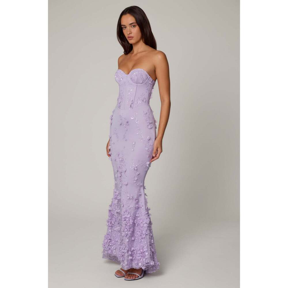 Oh Polly Lace-Up Corset Maxi Dress in Lilac 12 / Plus